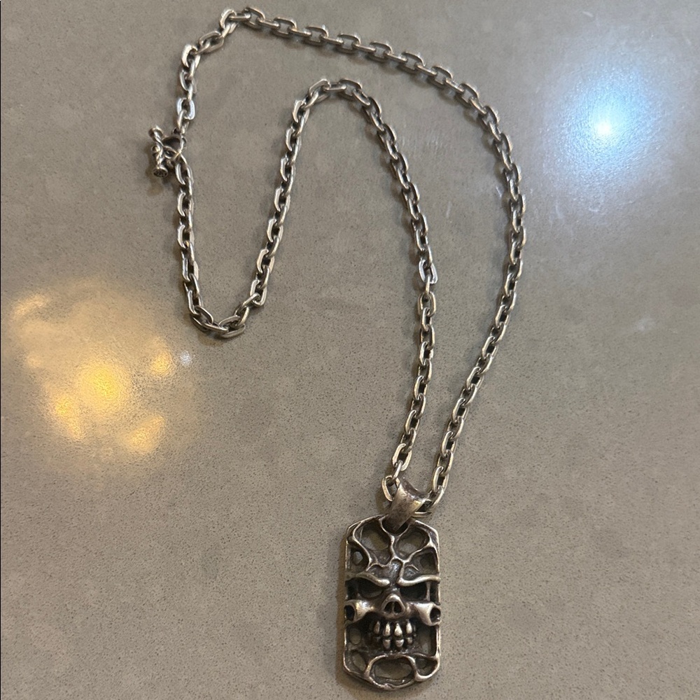 Travis Walker custom silver skull dog tag 24" necklace